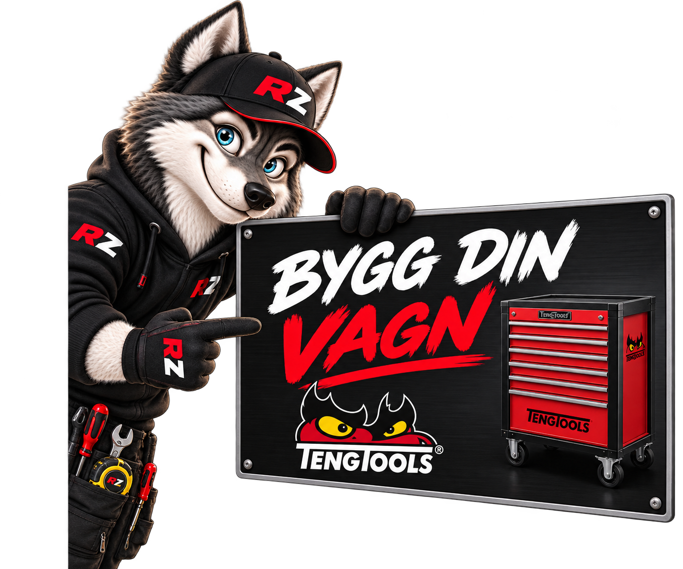 RacingZone-maskoten pekar på en vagn under bygguiden