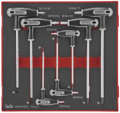 7 delars TX/TPX nyckelsats med T-handtag. Teng Tools TEDTX7